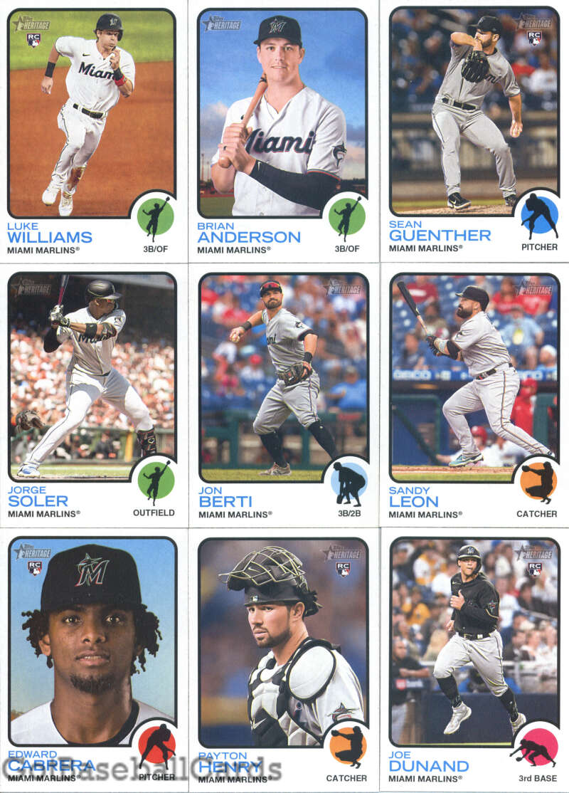 2022 Topps Heritage High Number Miami Marlins Team Set of 9 Cards: Joe Dunand(#512), Luke Williams(#548), Brian Anderson